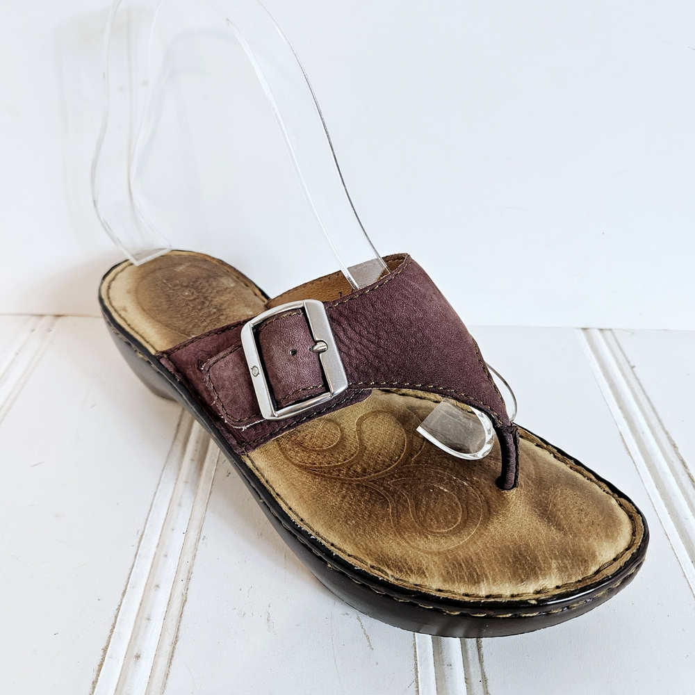 Born Sandals Womens Size 7 Burgundy Leather Thong Wedge Shoes